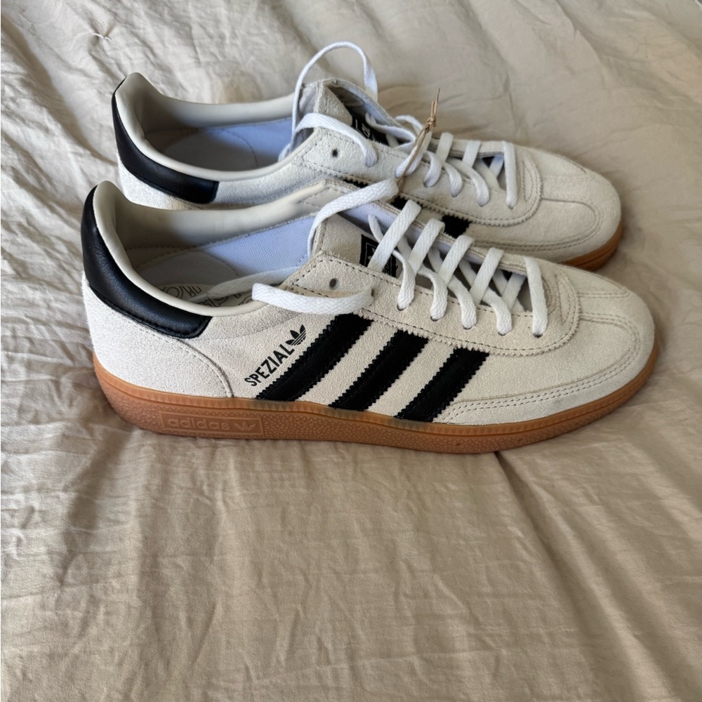 adidas White Suede Spezial Sneakers with Black Stripes and Gum Sole